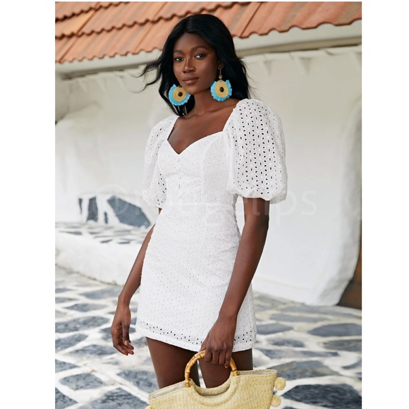 White Mini Dress Eyelet Embroidery Short Puff Sleeves Sweetheart Neckline - Picture 3 of 6